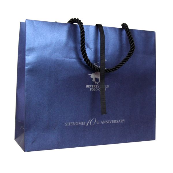 Navy Recycle Paper Cotton Twist Handle Ribbon Cloure Logo Stamped Paper Carrier Bags