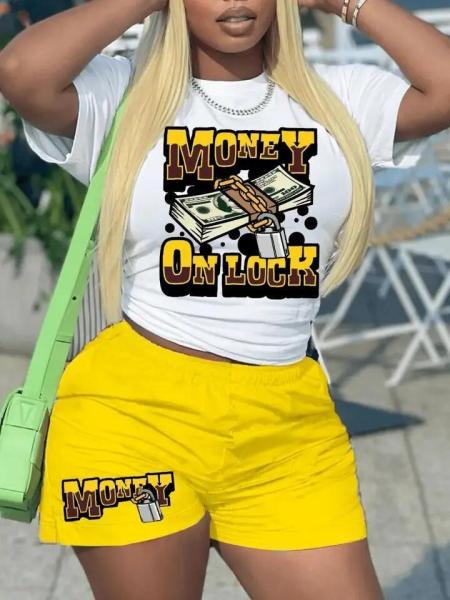                  Summer Short Sleeve Graffiti Printing T-Shirt Shorts Women Tracksuit Two Piece Short Sets             