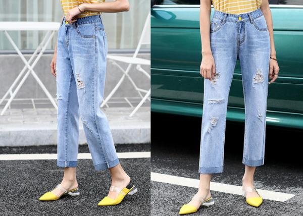 Straight Leg Light Wash Cotton Stretch Ladies Denim Jeans With Rips