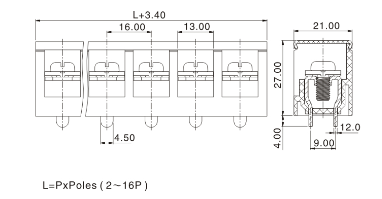Single Row PCB Barrier Terminal Block Connector 16.0mm Pitch 1*05P  PBT H=31.0mm
