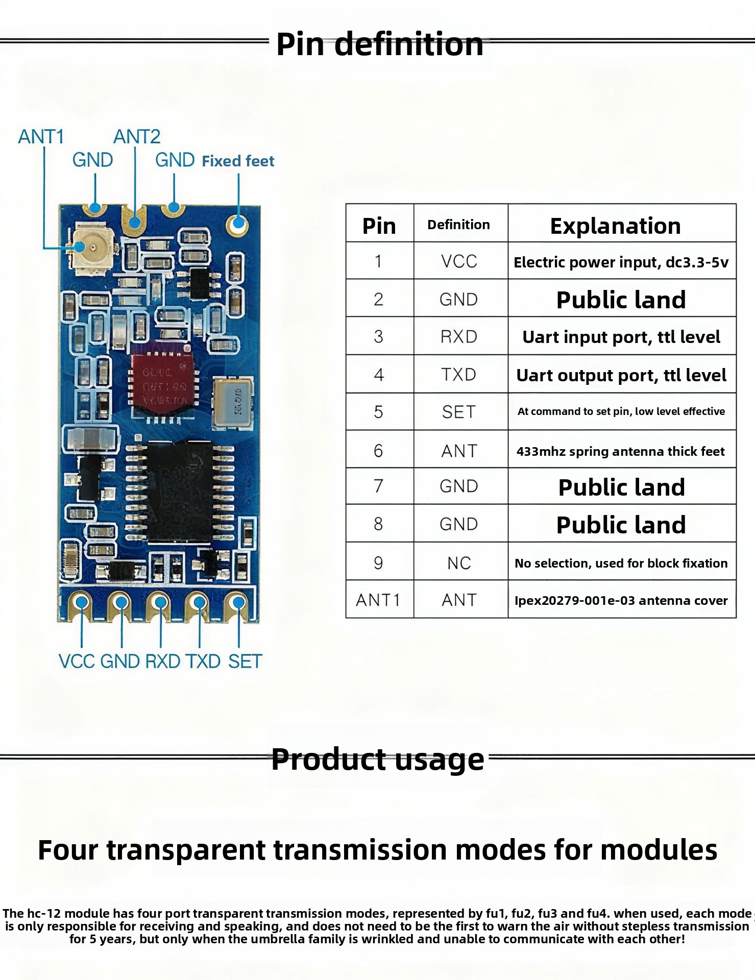 HC-12 SI4438 Wireless Module Long-Range 433 MHz Wireless Serial Port Module with UART Interface Made in China