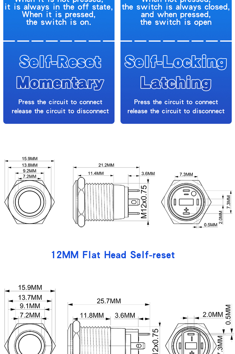 12mm Waterproof Nickel Plated Copper Pushbutton with Power LED Two Types of Flat & High Head Latching Momentary 6V12V24V