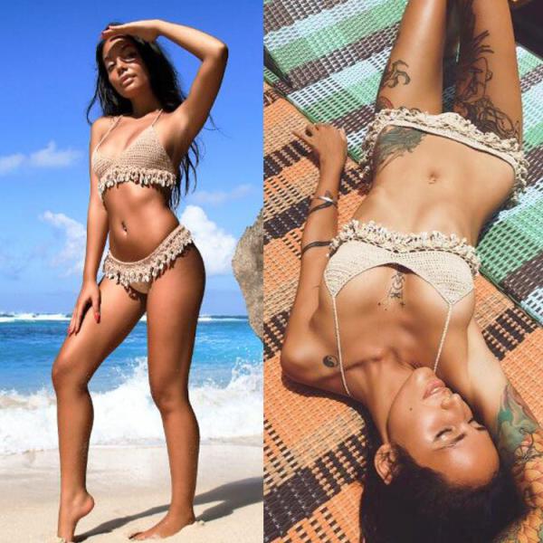 2019 European and American Hot shell hand hook bikini sexy split beach ladies knit swimsuit suit
