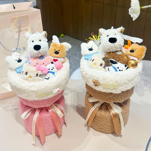 West Highland White Terrier Perro de peluche muñeca ramo de cachorro Sloppy ramo de cumpleaños regalo para novia y mejor amigo al por mayor de la tienda de mercado de flores