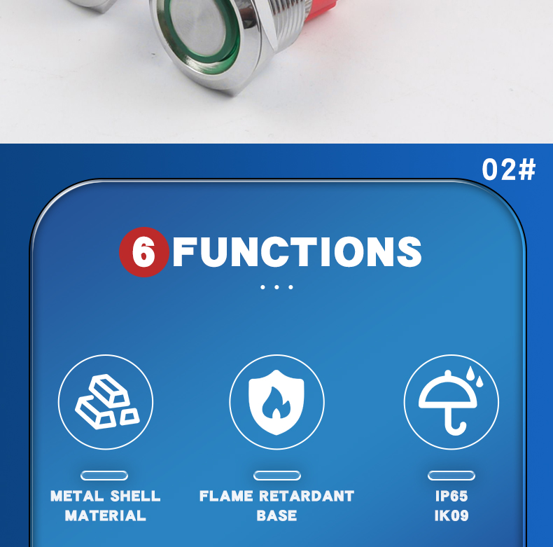 19mm Metal Push Button Switch 10A High Current Latching Momentary LED 1NO 4Pins Flat Head High Head Switch IP65 Max Voltage 220V