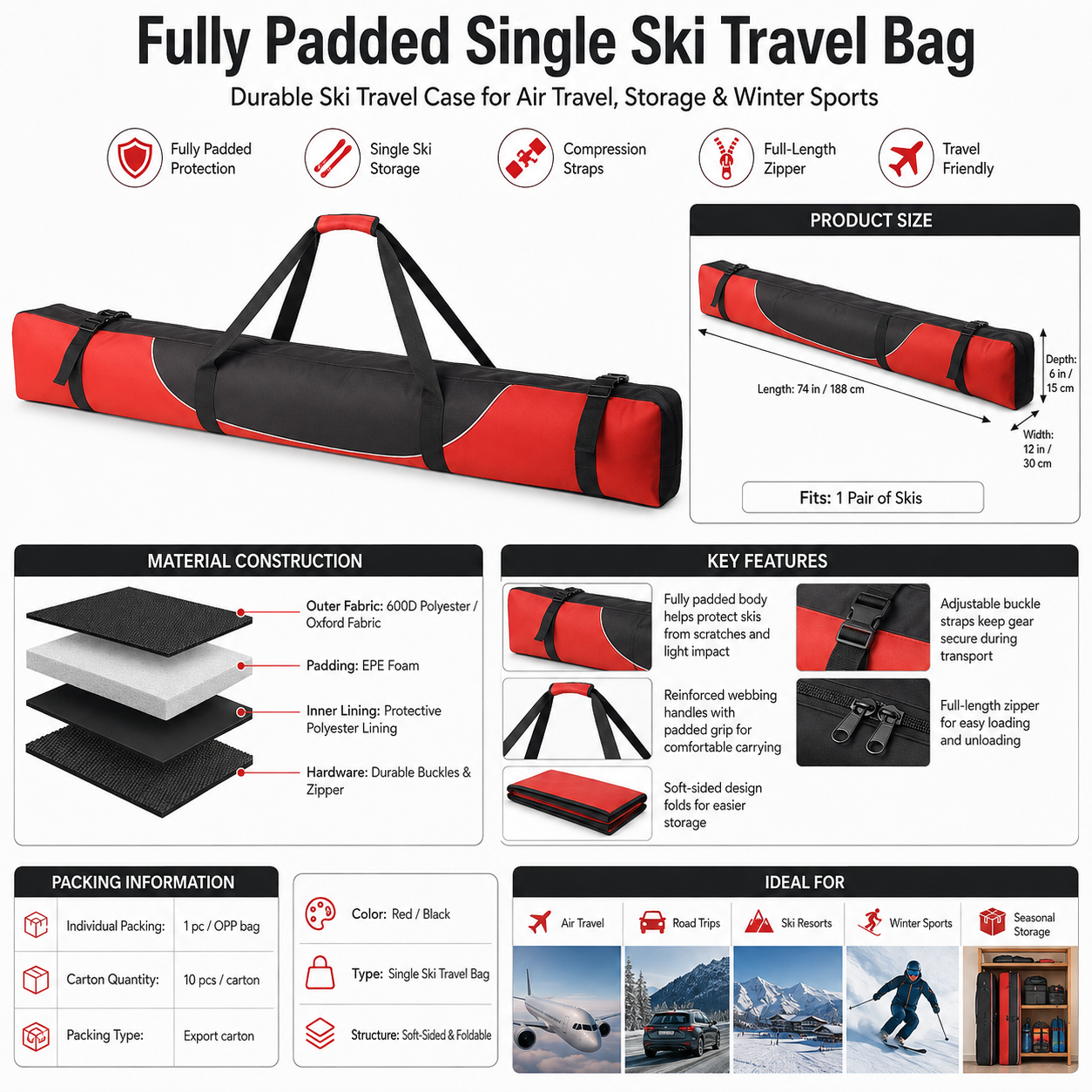 Fully Padded Single Ski Bag, Durable Ski Travel Case for Air Travel, Storage, Winter Sports & Outdoor Trips
