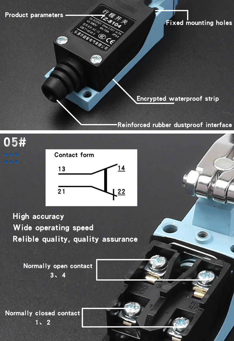 Yizhi TZ-8104/8108 Travel Switch Micro Miniature Industrial Waterproof Self-Reset Limit Switch IP65 220V 1NO1NC IK09 Touch Flame