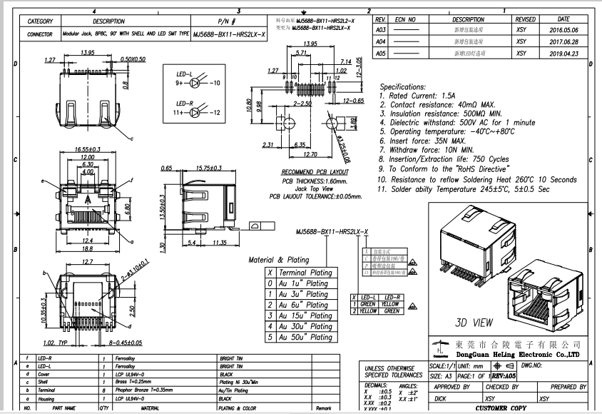 Одиночный гаван соединитель SMT RJ45 модульного Джек с СИД