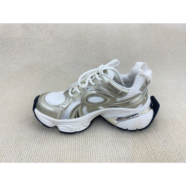 Lacing PU Gold Leather Sneakers With Script Mesh Upper Women Sneakers