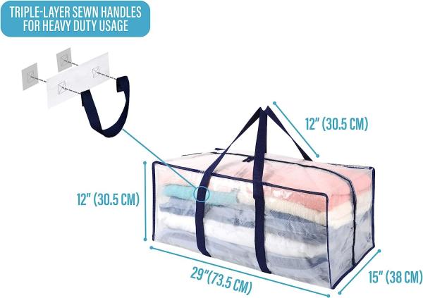 Heavy Duty Extra Large Clear Moving Bags W/Backpack Straps Strong Handles & Zippers, Storage Totes For Space Saving
