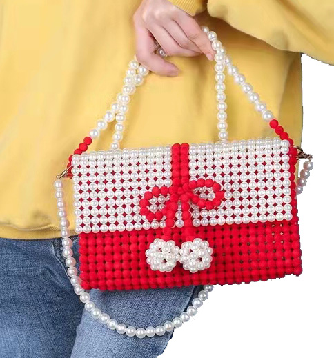 Red Beaded Clutch Pearl Bag Flower Wrist  Hand Woven With White Cap OEM ODM