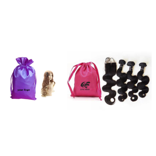 ROHS Black Satin Drawstring Bag Pouch Hair Extention Wig Package