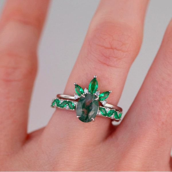 Moss Agate Emerald Ring Set , Anniversary Jewelry Gift Promise Wedding Ring