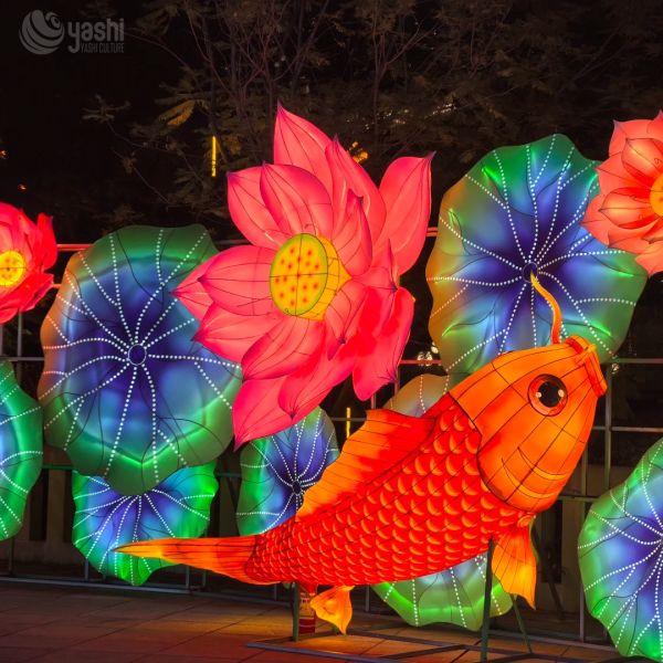 Custom Koi Fish & Lotus LED Lantern Set, Carp With Lotus Leaf Light Sculpture for Chinese New Year Lantern Festival