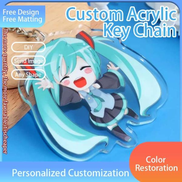 Chave de chave acrílica transparente com anel de metal Animação durável Personagem de desenho animado Presente impresso Chave de chave de charme acrílico