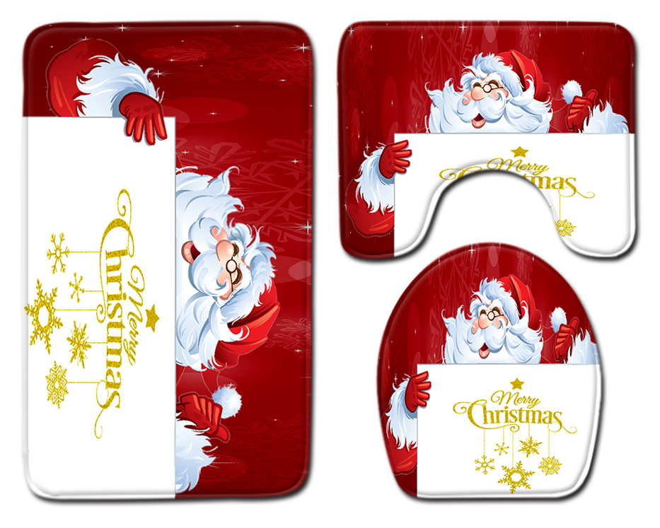 Santa Christmas Toilet Seat Cushion Polyester 3 Piece Bath Rug Set