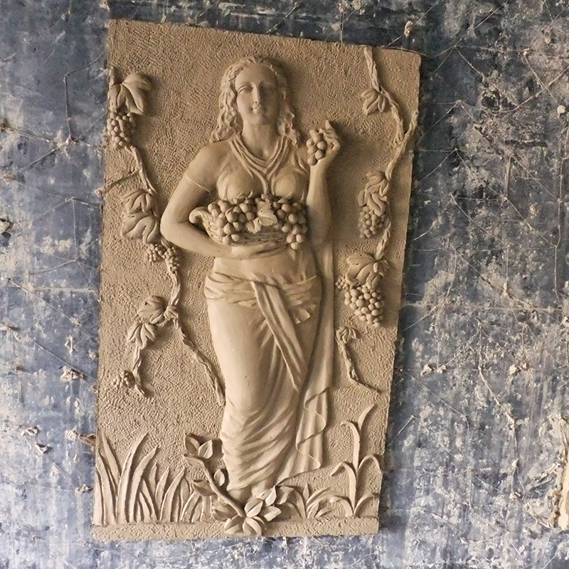 European Lady Grape Sandstone Sculpture Harvest Relief Wall Panel