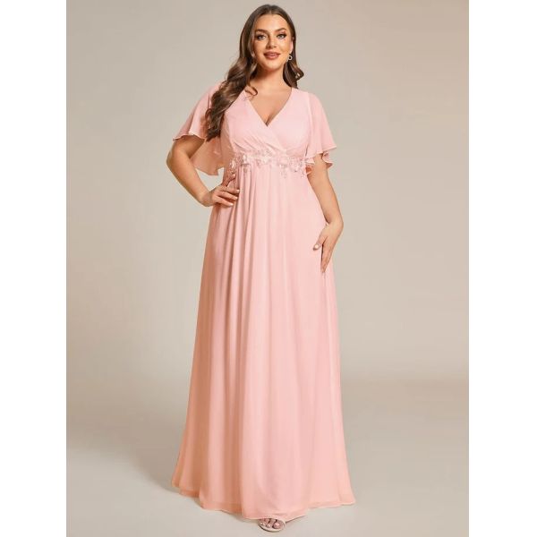 Empire Plus Size Applique Short Sleeve A-line V-neck Flutter Sleeves Invisible Zipper Black Chiffon Evening Dress