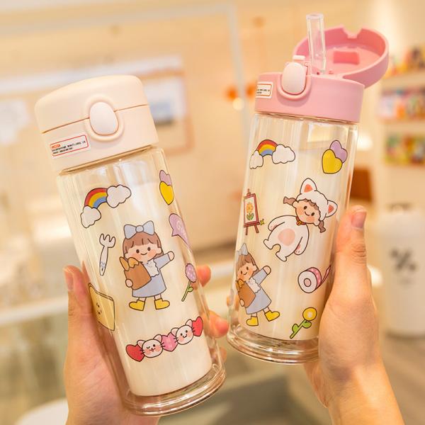 One Touch Click Open Double Wall Insulation Glass Water Bottles With Straw