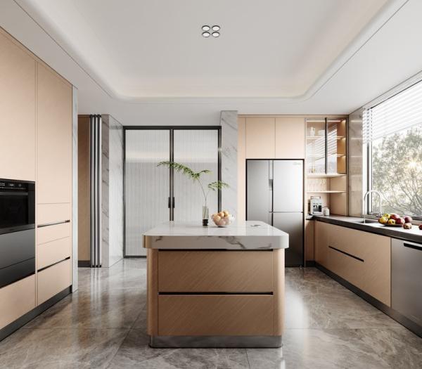 Fadior Champagne Or Armoires de cuisine en acier inoxydable moderne avec île et finitions haut de gamme
