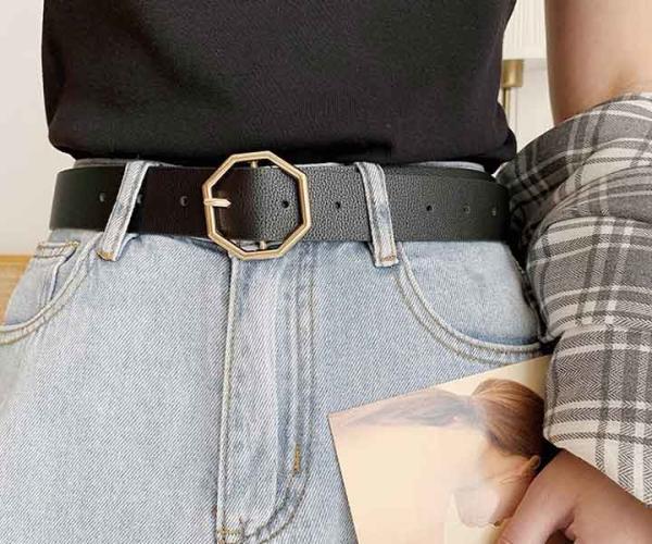 Grainy 3.5cm Wide Women's Fashion Leather Belts Octagon Buckle