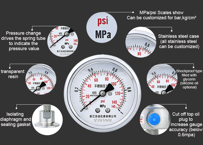 60mm Nominal Diameter Natural Gas Pressure Gauge with Complete Stainless Steel Design