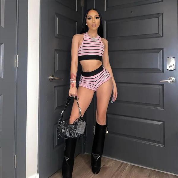                  Fitness Women Two Piece Sets Sleeveless Trend Tank Top+High Waist Shorts Bodycon Patchwork Sportswear Tracksuit Suit             