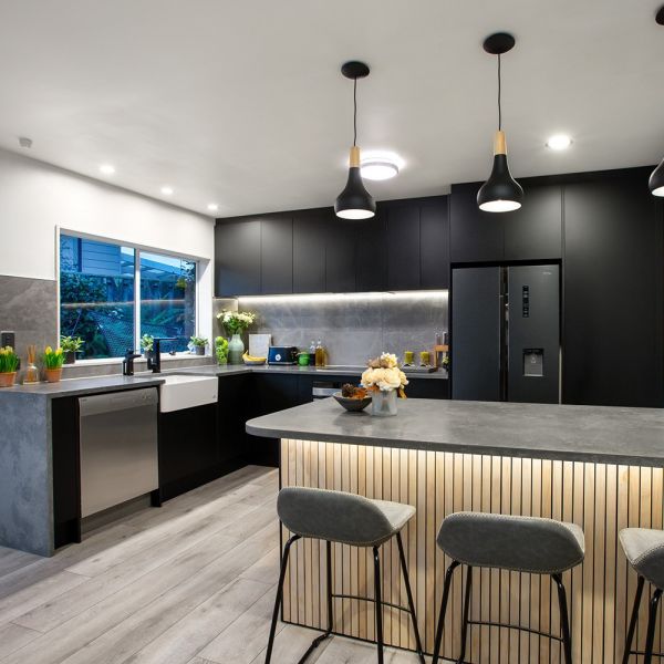 Simple L Shaped Kitchen Units Luxury Modular Dark Black Solid Wood Kitchen Cupboard Set