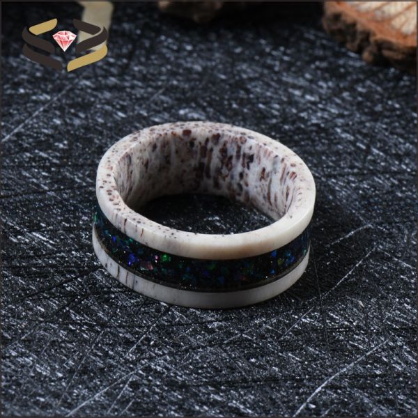 Starry Opal Inlay Deer Antler Wedding Band 8mm with Invisible Setting