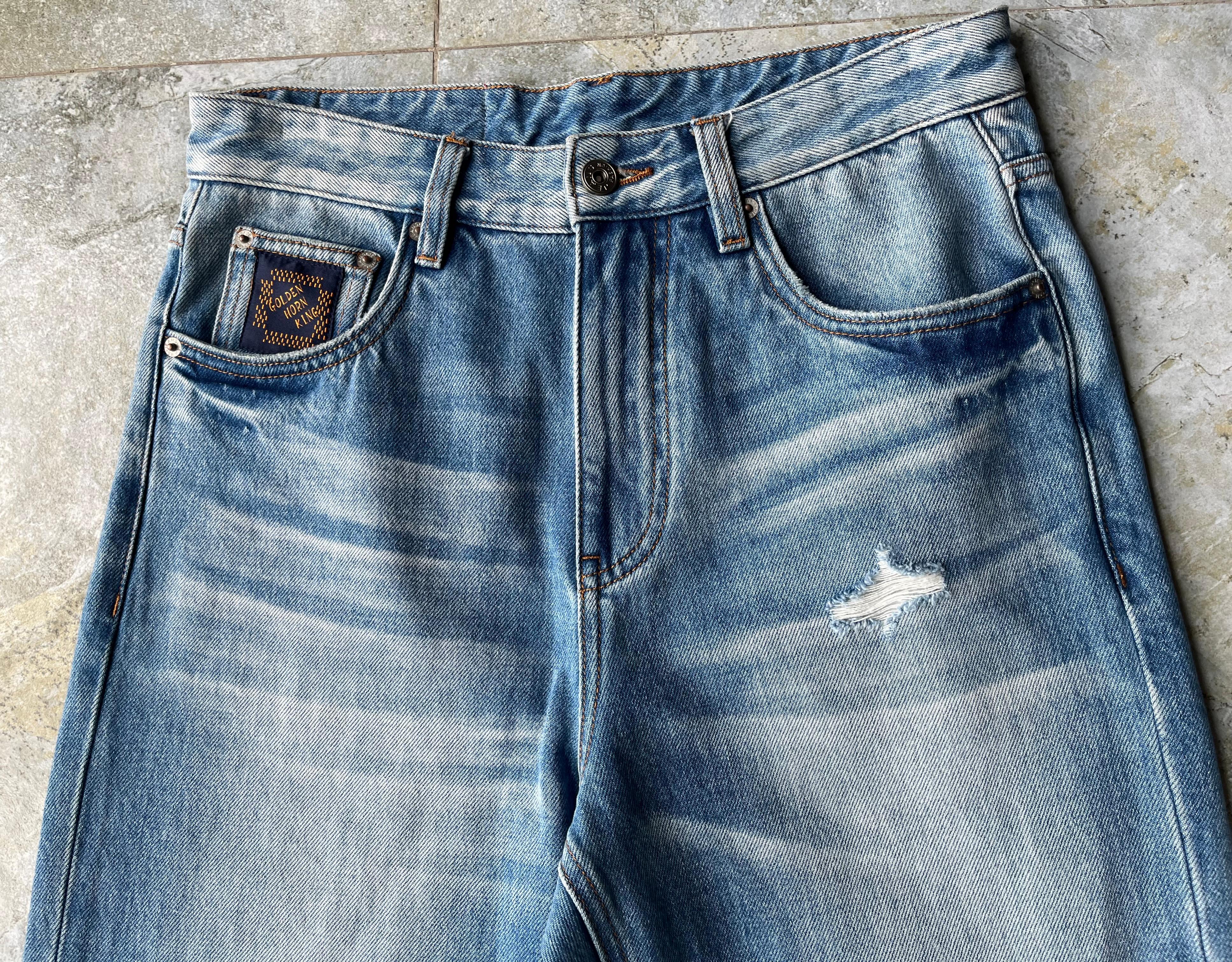 Horizon Faded Men's Jeans Ripped Raw Hem Wide Leg Jeans Mid Waist