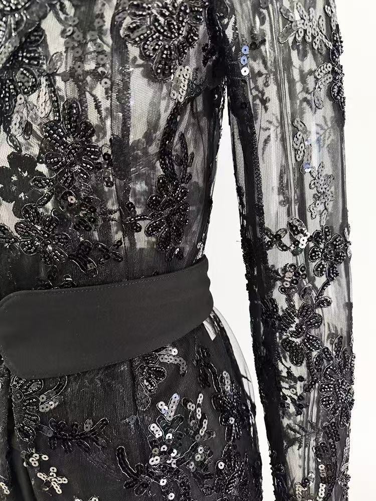 Floral Embroidered Lace Blazer Pants Suit Set with Sequin Embroidery and High-Waisted Wide-Leg Trousers