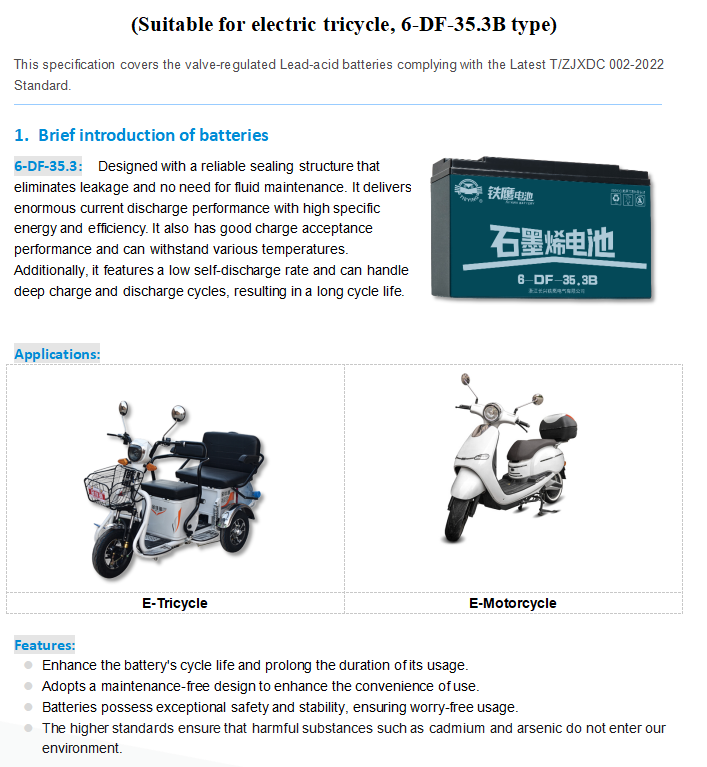 35.3Ah 12 Volt Sealed Lead Acid Battery For Electric Motorcycle E-Tricycle  Rechargeable  6-DF-35.3B