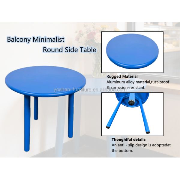 Hotel Contract Minimalist Aluminum Side Table Blue Tri Leg for Lobby Lounge Terrace