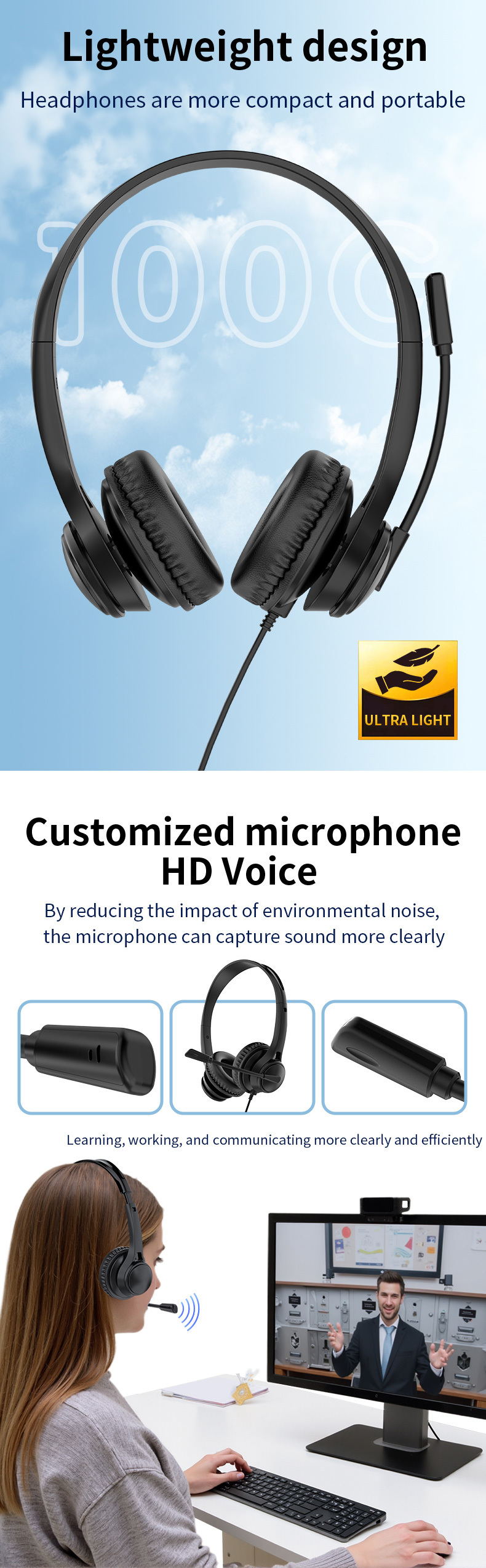 JTY-1225 Head mounted wired headphones with microphone, desktop laptop, online learning, office, customer service, call headset 3.5mm/Type-C/USB plug, supporting OEM/ODM customization service