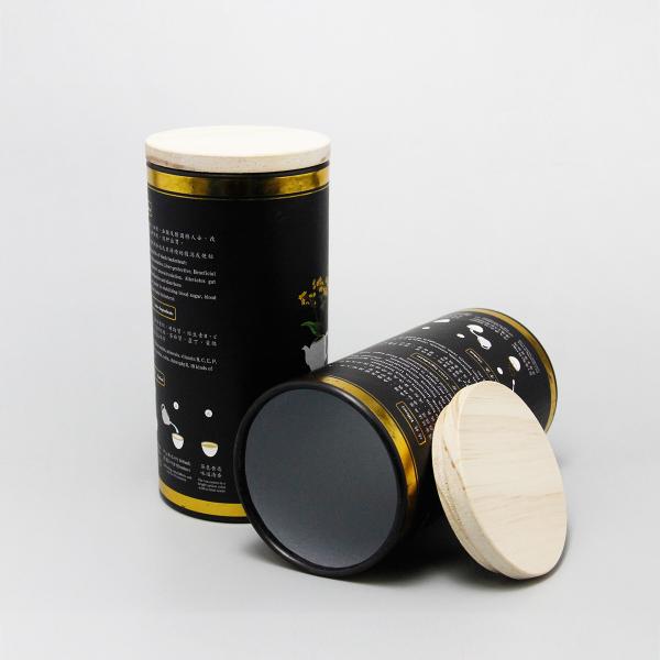 OEM personnalisé Stamping d'or de qualité alimentaire tube de papier en carton blanc avec bouchon en bois contenant du cylindre de papier pour le thé