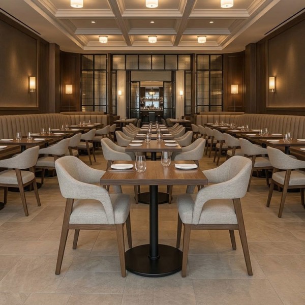 Commercial Luxury Upholstered Restaurant Table and Chair Set with Curved Armrest and Solid Wood Frame for Coffee Shop Furniture