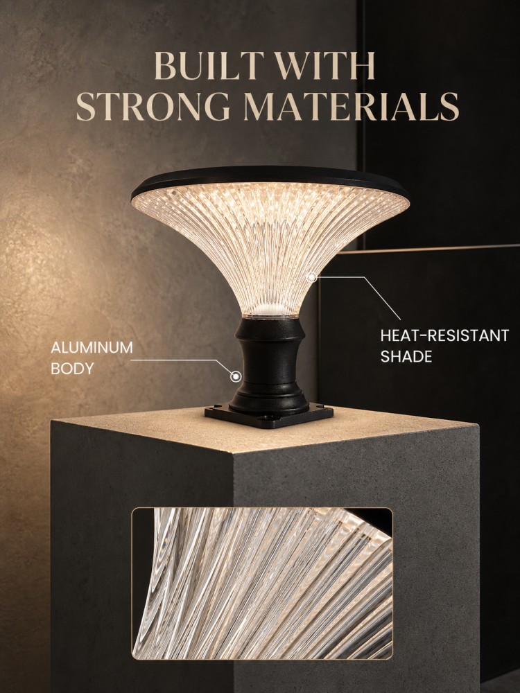 Round Diamond Design Solar Post Top Lights 30W 1900LM 30AH Lithium Battery Fence Post Top Lights