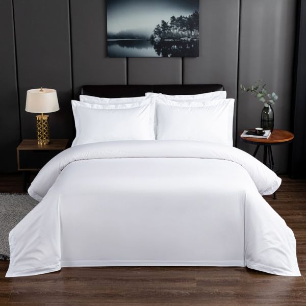 300TC Satin White King Size Hotel Duvet Quilt Cover Flat Sheet Set with Solid Pattern