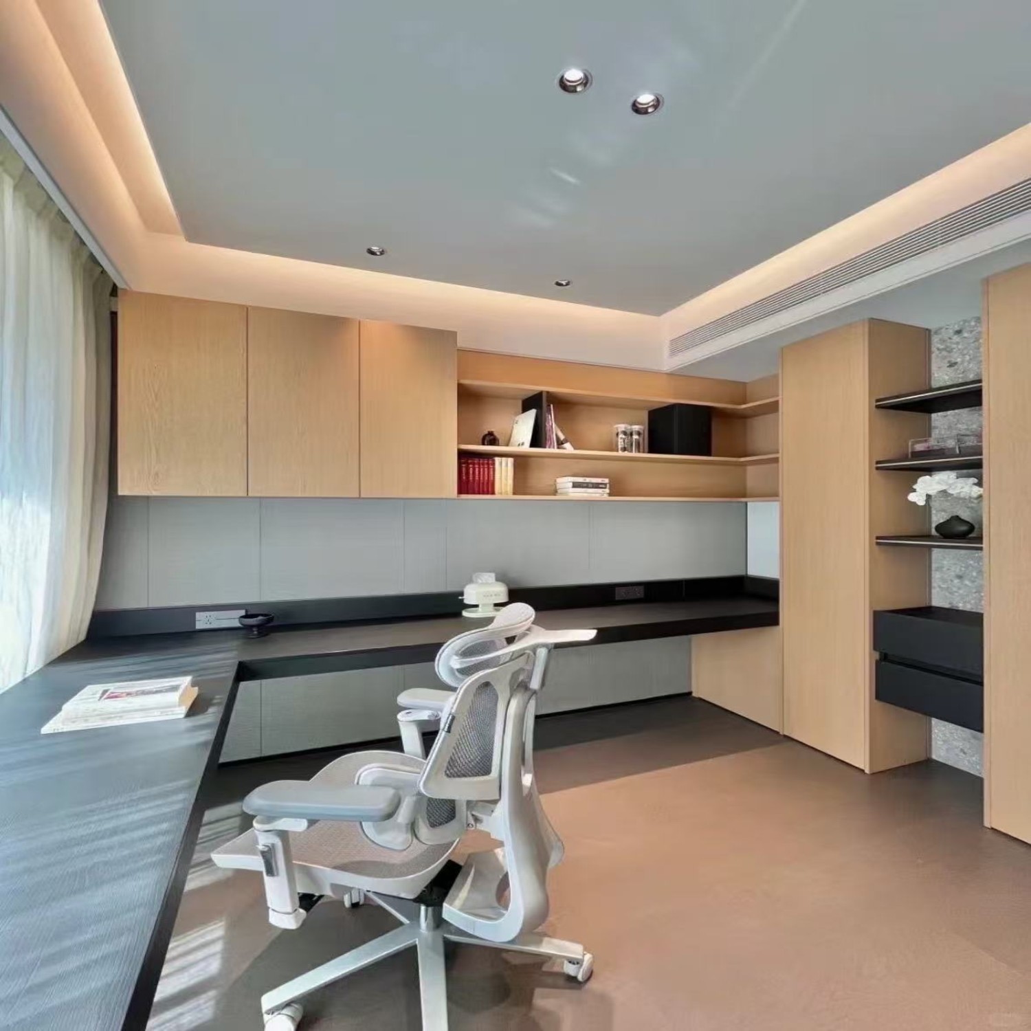 Modern Minimalist Custom Floating Desk & Bookcase Integrated Cabinet