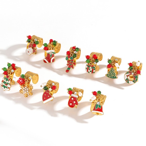Fashion Popular Stainless Steel Enamel Christmas Tree Stocking Reindeer Snowflake Jewelry Rings 18k Gold Plated Adjustable Ring