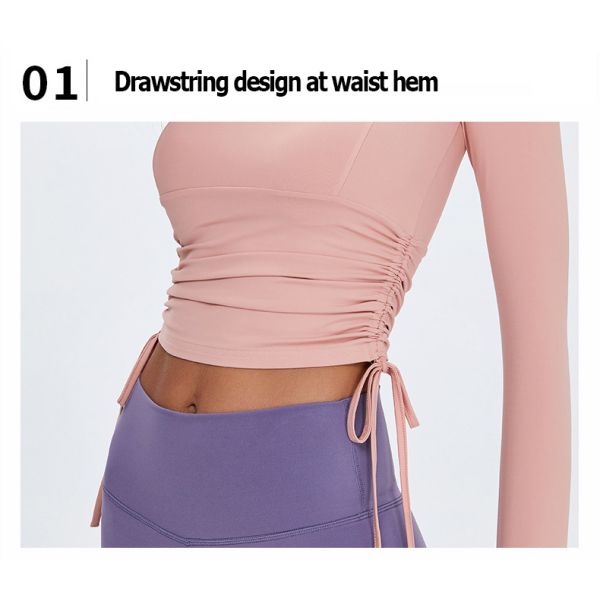 Йога дам Drawstring талии покрывает рукав футболок Stretchable длинный