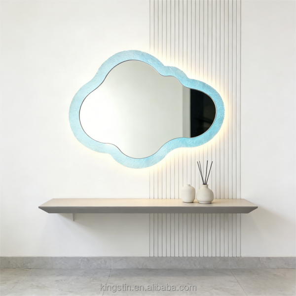 Textured Border Cloud LED Mirror with Ambient Backlight - Dimmable Decorative Mirror for Bathroom/Entryway/Bedroom Vanity