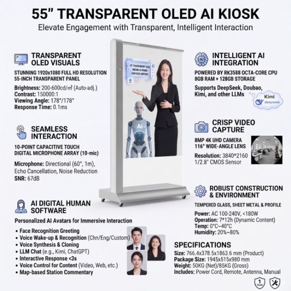 New Style 55-Inch Floor Stand Indoor and Super Narrow Frame Android Smart Transparent OLED Screen