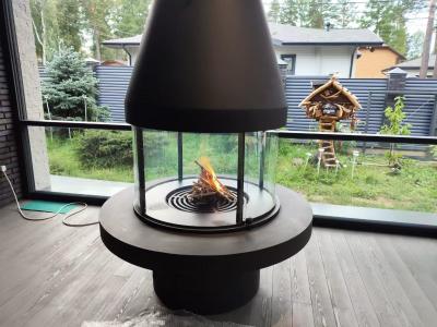 European Style Luxury Furniture High Grade Black Modern Carbon Steel Round Table Glass Art Rotating Fireplace