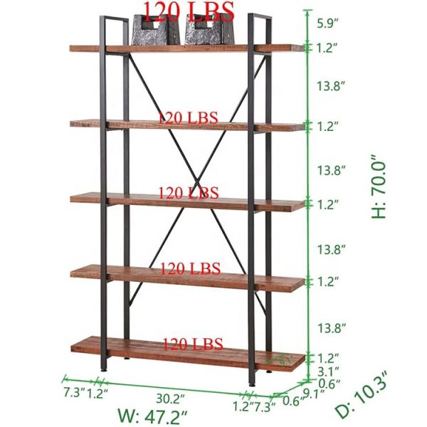 Customized Industrial 5 Tiers Metal And Wood Bookcase Solid Wood Book Shelves