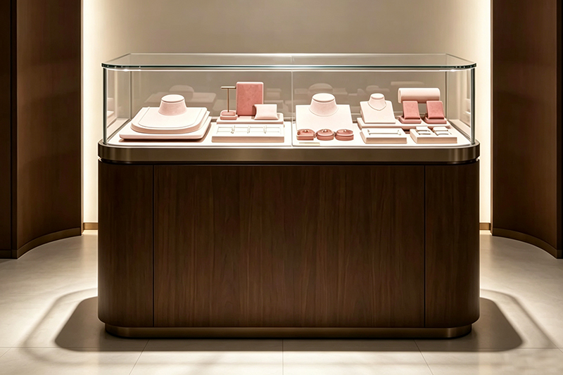 Walnut Grain Veneer Jewelry Display Counter with Rounded Glass Corners and Built-in LED Lighting