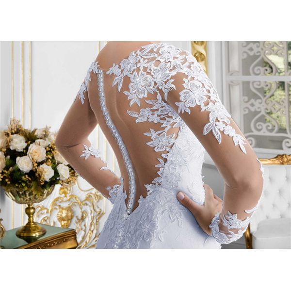 Pure White Mermaid Lace Bridal Gowns Long Sleeve Perspective Back Grace Tulle