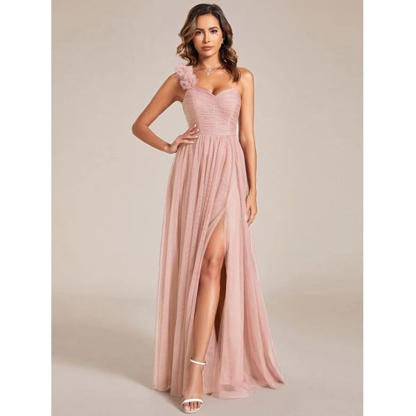 Elegant One-shoulder Sweetheart Ruffled A-line Zipper Pleated High Slit Tulle Pink Bridesmaid Dress