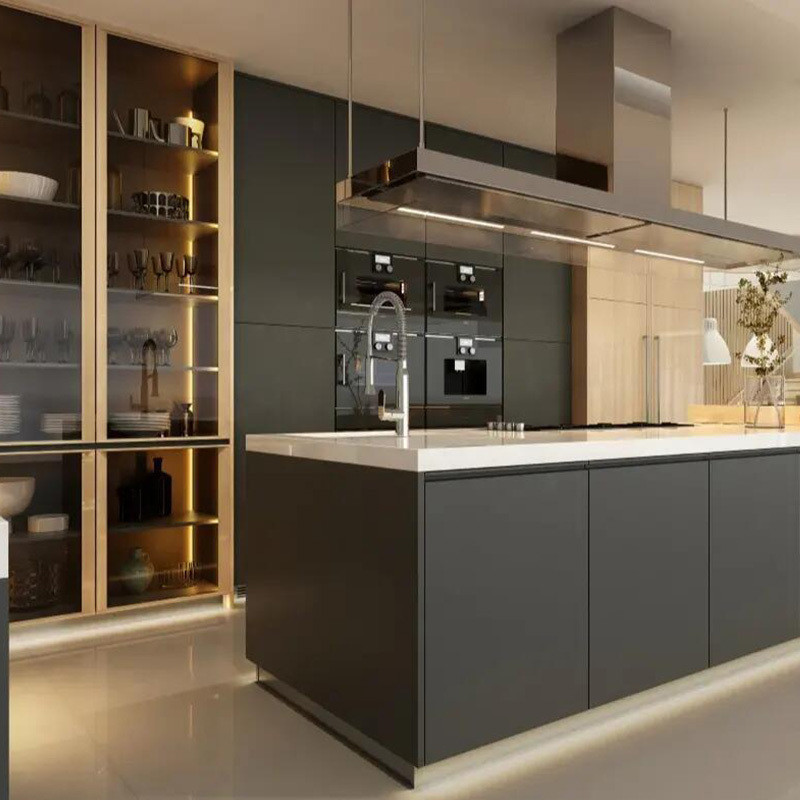 Modular Kitchen Cabinets Customized with Matte Finish and Quartz Stone Countertops