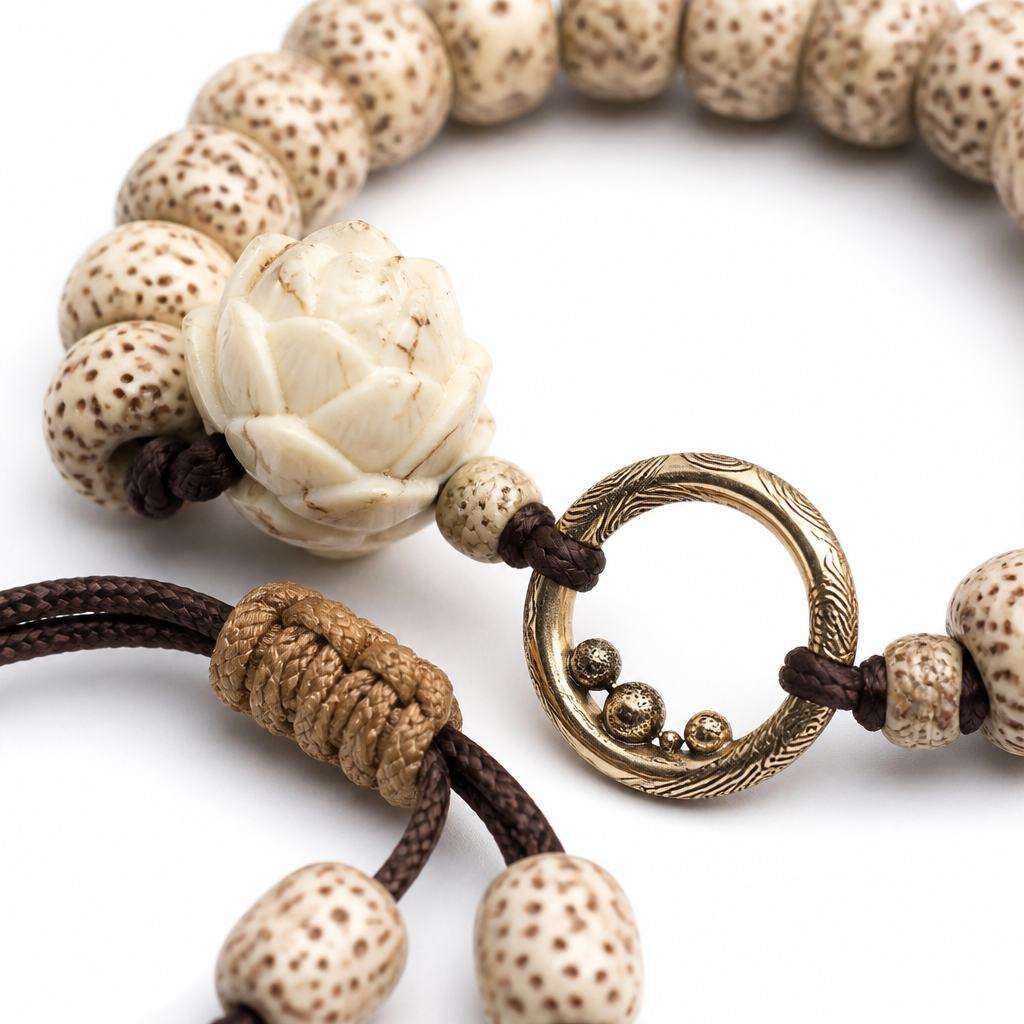 Adjustable Bodhi Root Taoist Bracelet with Lotus Charms for Spiritual Protection